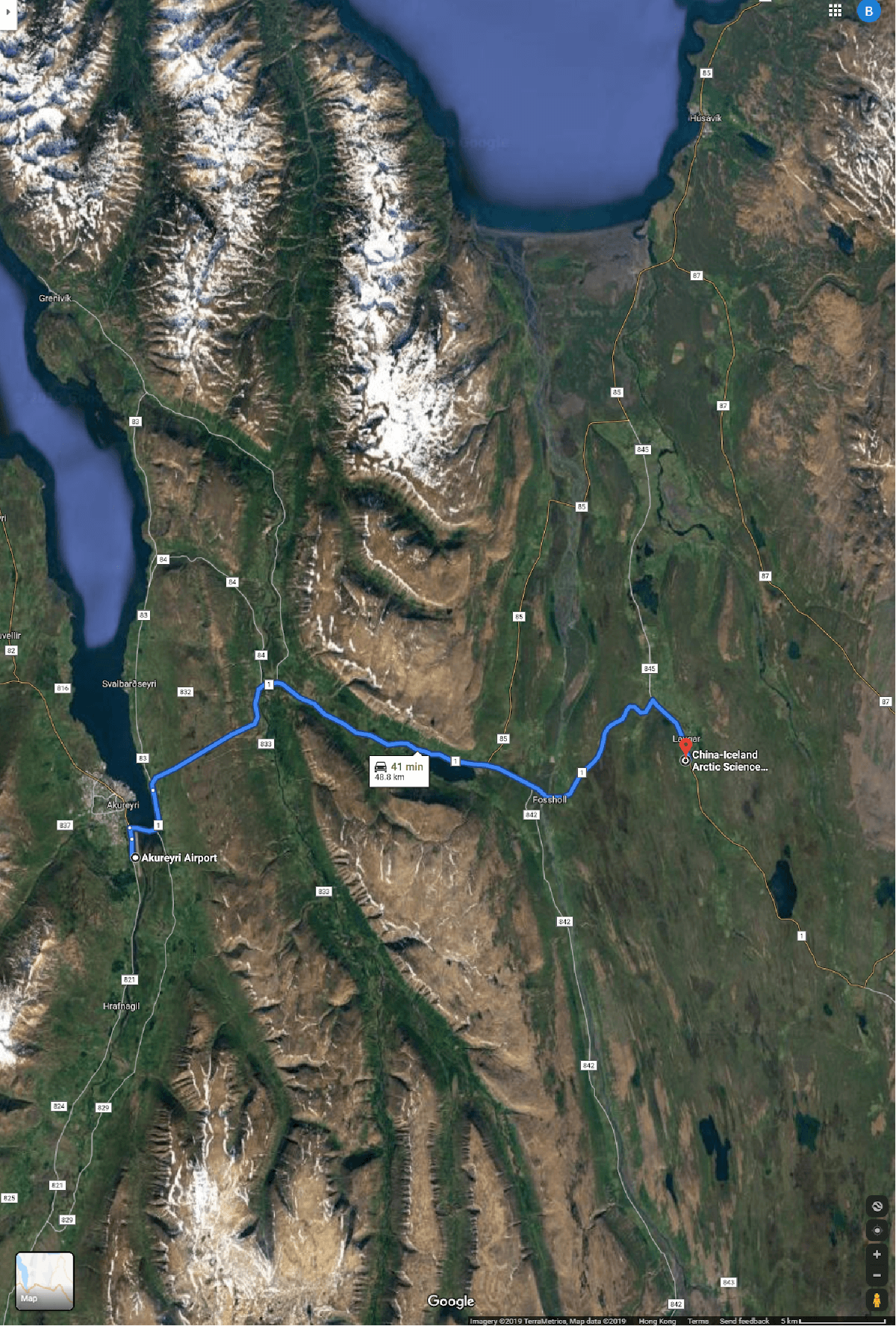 Map of the route from Akureyri Airport to CIAO
